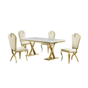 Lexim Faux Marble Dining Set in Cream/Gold (5-Piece)