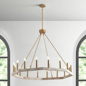 39.4 in. 16-Light Farmhouse Brushed Gold Wagon Wheel Candle Chandelier Geometric Industrial Pendant Lighting