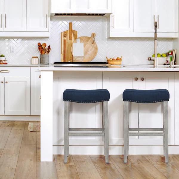 Jameson 29 in. Bar Height Antique Gray Wood Backless Barstool with Navy Blue Upholstered Linen Saddle Seat (Set of 2)