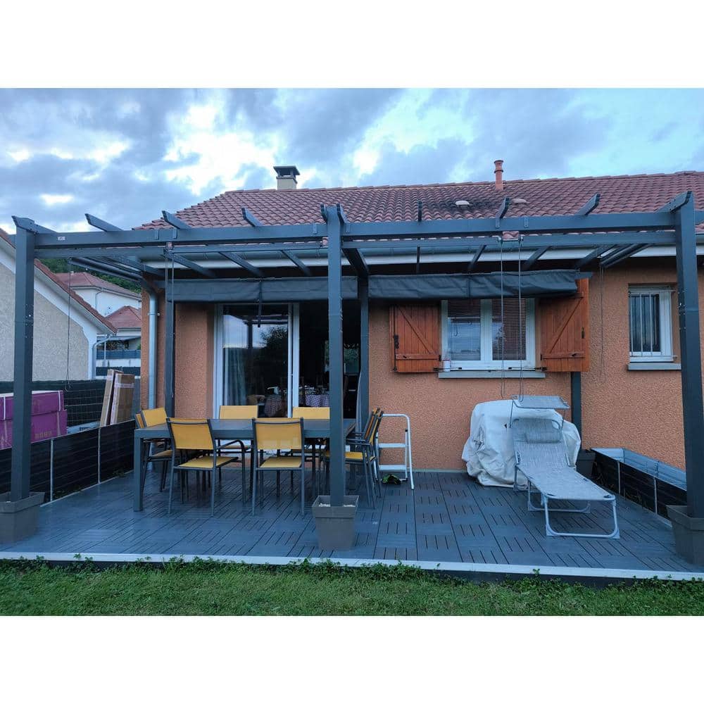 Gray Aluminum Pergola with Retractable Canopy, 10' x 18'