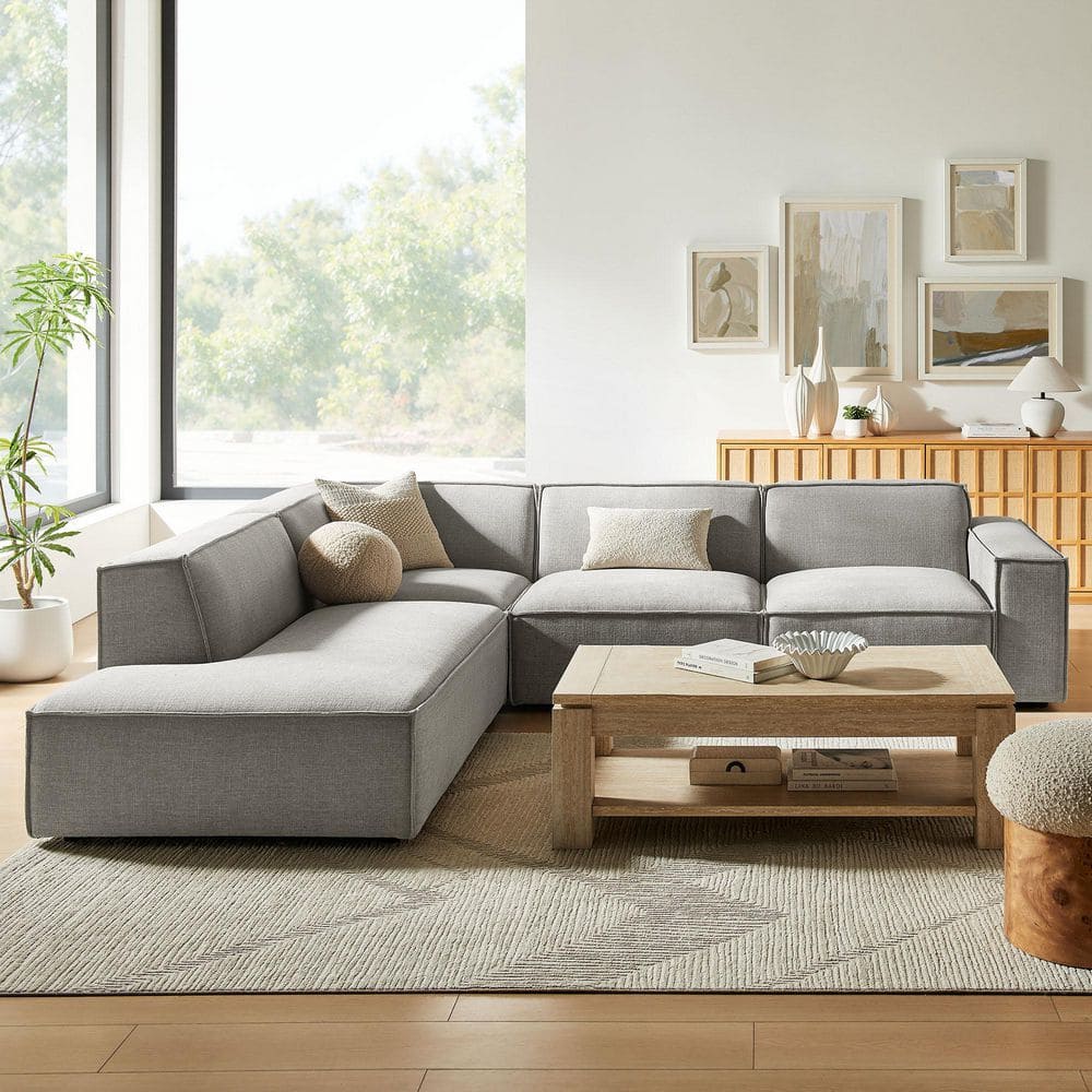 Restore 117.3 in. Performance Polyester Fabric Upholstered 4-Piece Modular L-Shaped Sectional Sofa in Pewter