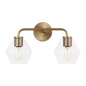 Jett 17 in. 2-Light Satin Brass Modern Transitional Dimmable Wall Bathroom Vanity Light with Clear Glass Shades