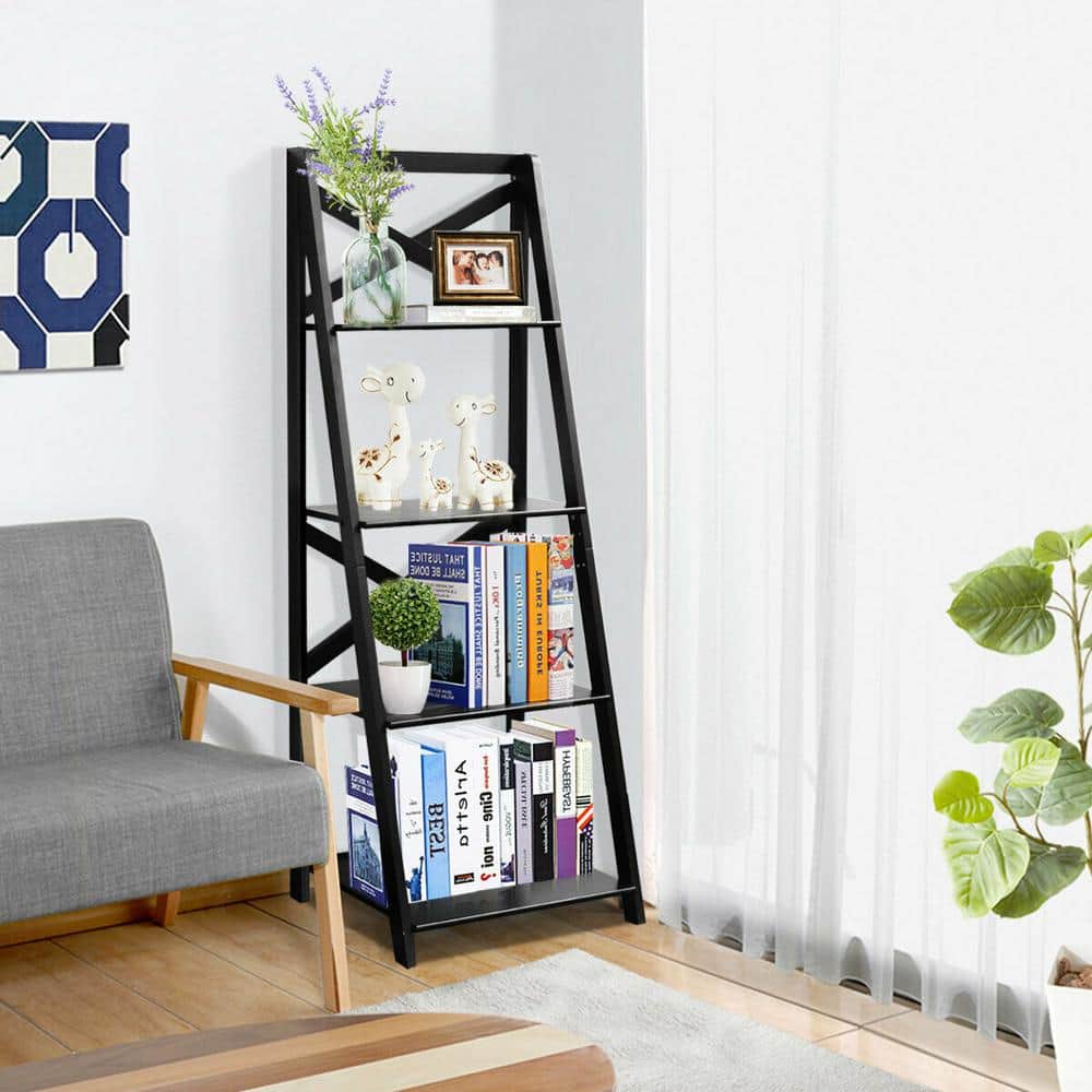 Black Solid Wood 56" 4-Tier Ladder Shelf for Kids