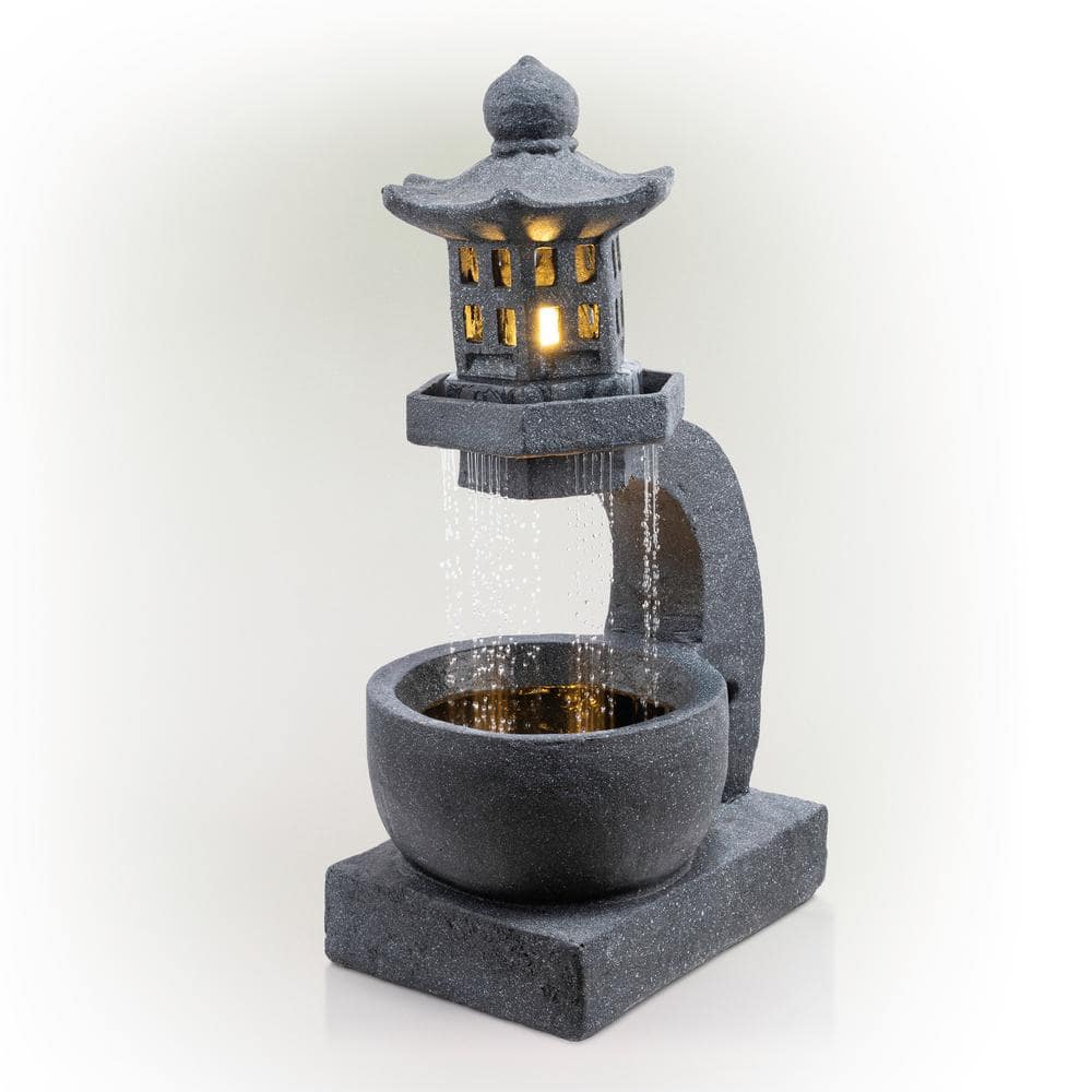 Alpine Corporation 31 in. H Outdoor Tranquil Zen Pagoda Fountain with LED Lights, Gray