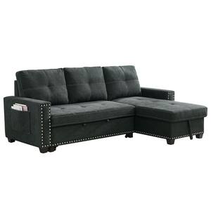 85 in. Black Reversible Sleeper 3-Seat Sectional Sofa Full Sofa Bed with Storage Square Arm Nailheaded