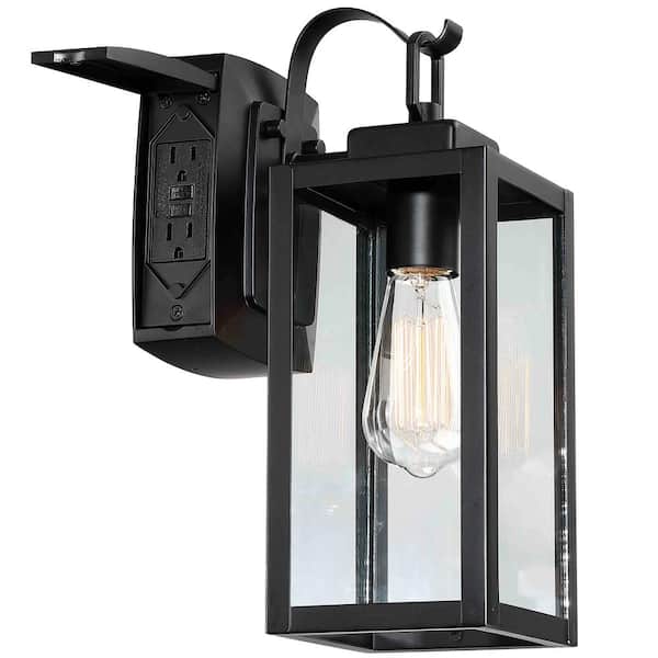 Pia Ricco 1-Lights Black Exterior Porch Lights with GFCI Outlet Outdoor Sconce E26 Base