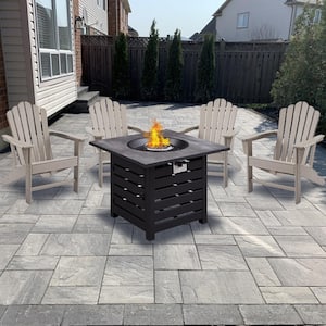 5-Piece Brown Recycled Plastic Patio Conversation Set Adirondack Chair with Gray Propane Firepit for Yard
