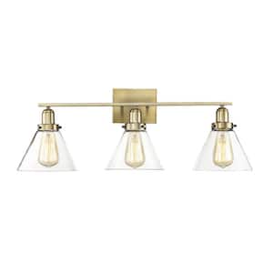 Drake 28.5 in. W x 10 in. H 3-Light Warm Brass Bathroom Vanity Light with Clear Glass Shades