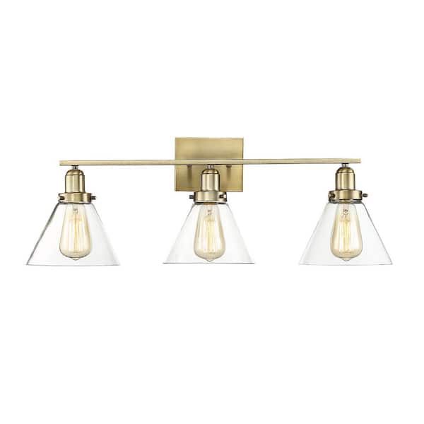 Savoy House Drake 28.5 in. W x 10 in. H 3-Light Warm Brass Bathroom Vanity Light with Clear Glass Shades