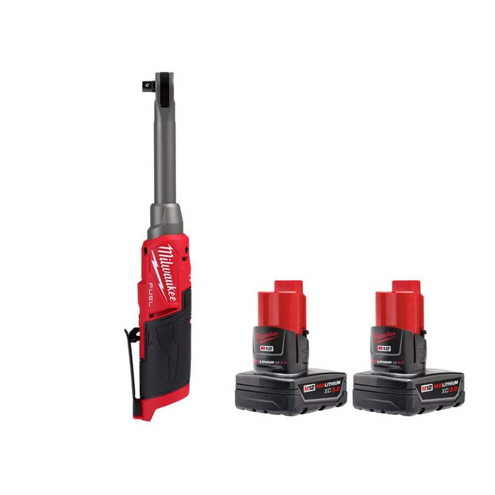 Milwaukee M12 FUEL 12V Lithium-Ion 3/8 in. Brushless Cordless Ratchet Extended Reach High Speed & 3.0 Ah Battery Pack (2-Pack) 2569-20-48-11-2412