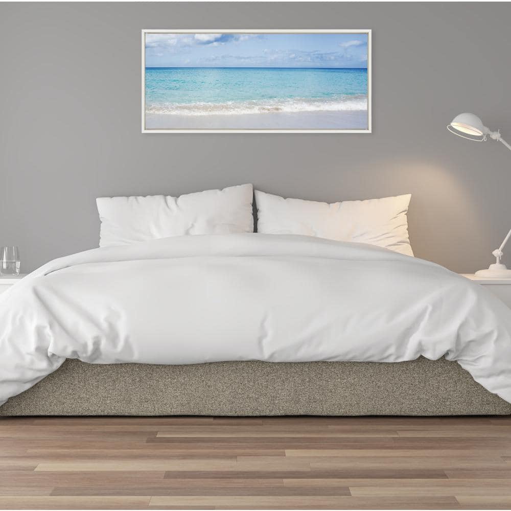 Wide Ocean Beach Landscape White Framed Canvas Art, 18x40