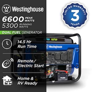 6,600/5,300-Watt Dual Fuel Gas and Propane Powered Portable Generator with Remote Electric Start, 30A 120/240V Outlet