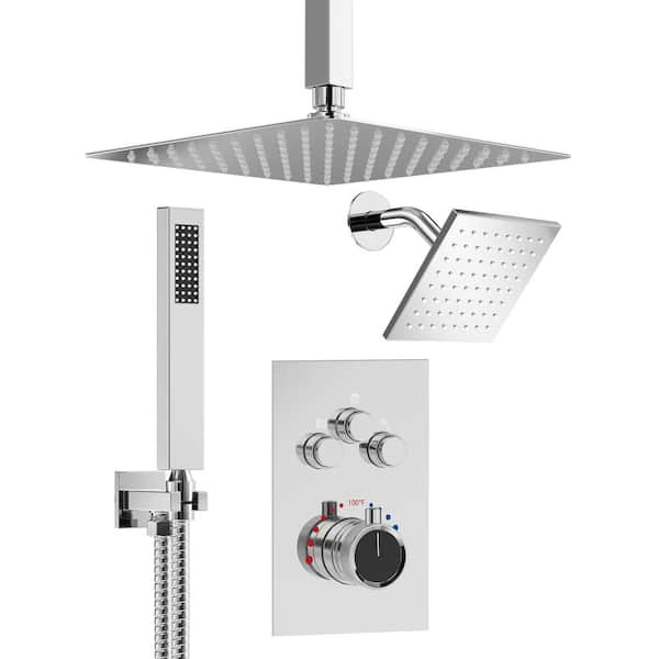 Multiple Press Dual 7-Spray Ceiling Mount Anti Scald 12 in. Fixed and Handheld Shower Head 2.5GPM Chrome Valve Included