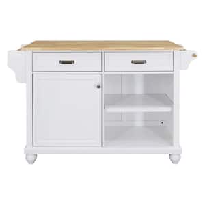 White Wood 57.5 in. Kitchen Island with Drawers, Spice Rack, Storage