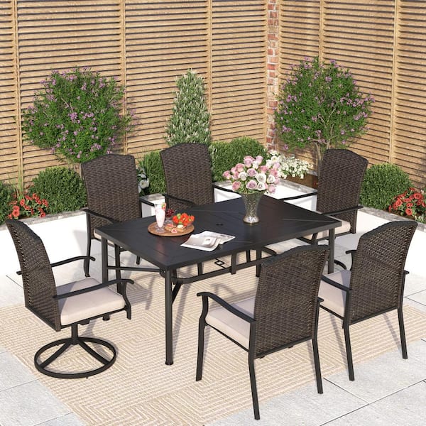 PHI VILLA Black 7-Piece Metal Patio Outdoor Dining Set with Rectangle Table and Rattan Chairs with Beige Cushion