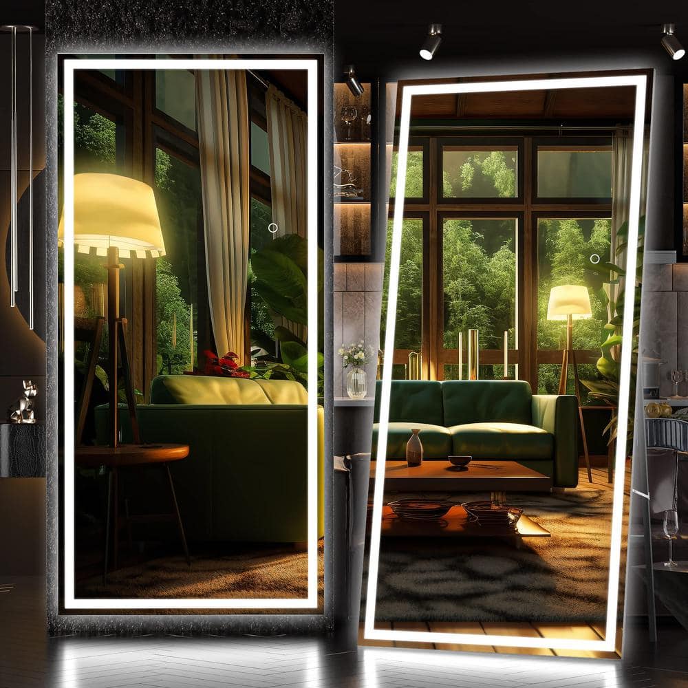 32 in. W x 71 in. H Square Black LED Lighted Floor Standing Mirror, Hanging