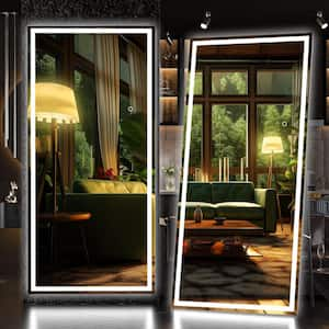 32 in. W x 71 in. H Square Black LED Lighted Floor Standing Mirror, Hanging Mounted Mirror, Dimmable, Tempered Glass