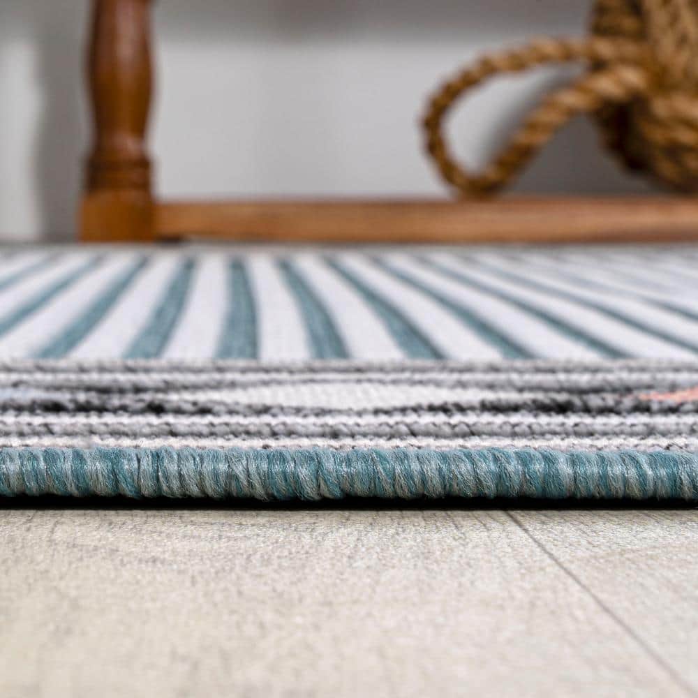 Blue/Ivory Geometric Diamond Border 5.6' Easy-Care Area Rug