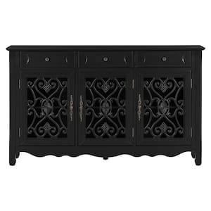 Black Accent Cabinet Modern Console Table Sideboard with 3-Hollow Out Doors and 3-Drawers