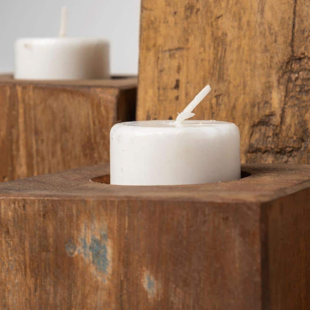 Rustic Honey Brown Wood Block Candelabra