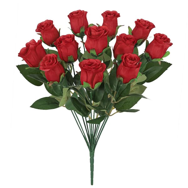 19.5 in. Red Artificial Rose Bud Flower Stem Bush Bouquet (Set of 2)