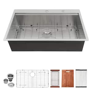 33 in. Drop-In Workstation Single Bowl 16 Gauge Stainless Steel Topmount Kitchen Sink with Bottom Grid