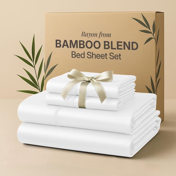 4-Piece White Solid Color Bamboo Blend Queen Sheet Set