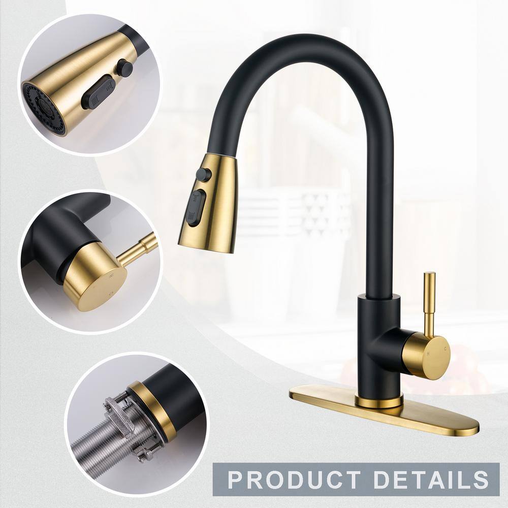 Black and Gold Stainless Steel Pull Down Kitchen Faucet with Sprayer