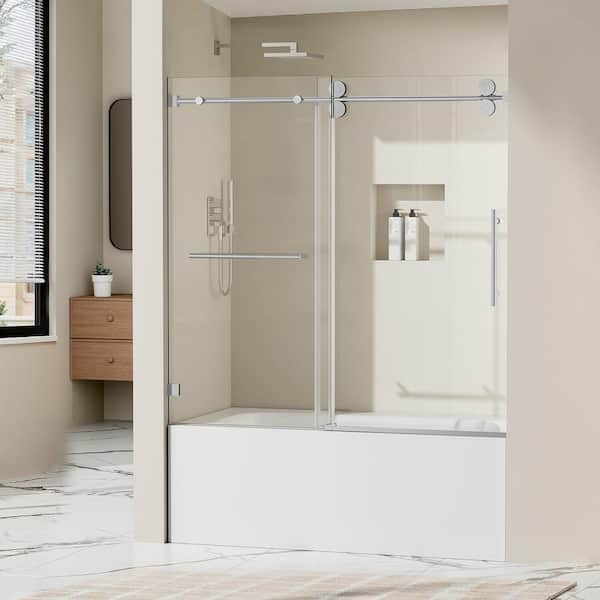 56-60.5 in. W x 66 in. H Single Sliding Frameless Tub Door in Chrome with 3/8 in. Clear Tempered Glass