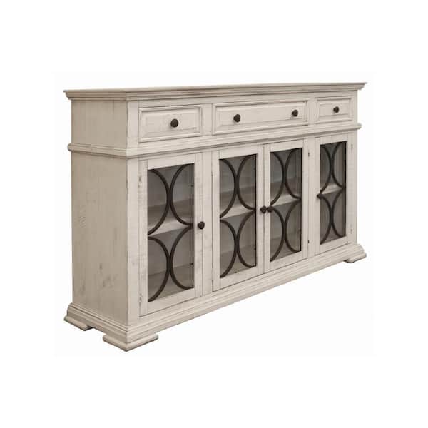 Benjara 73.5 in. Ivory Wood TV Stand Fits TVs up to 78 in. with Glass Doors