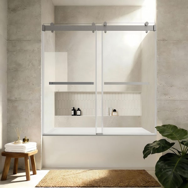 Aureum Series 60 in. W x 66 in. H Double Sliding Tub Door in Brushed Nickel with 3/8 in. Clear Glass