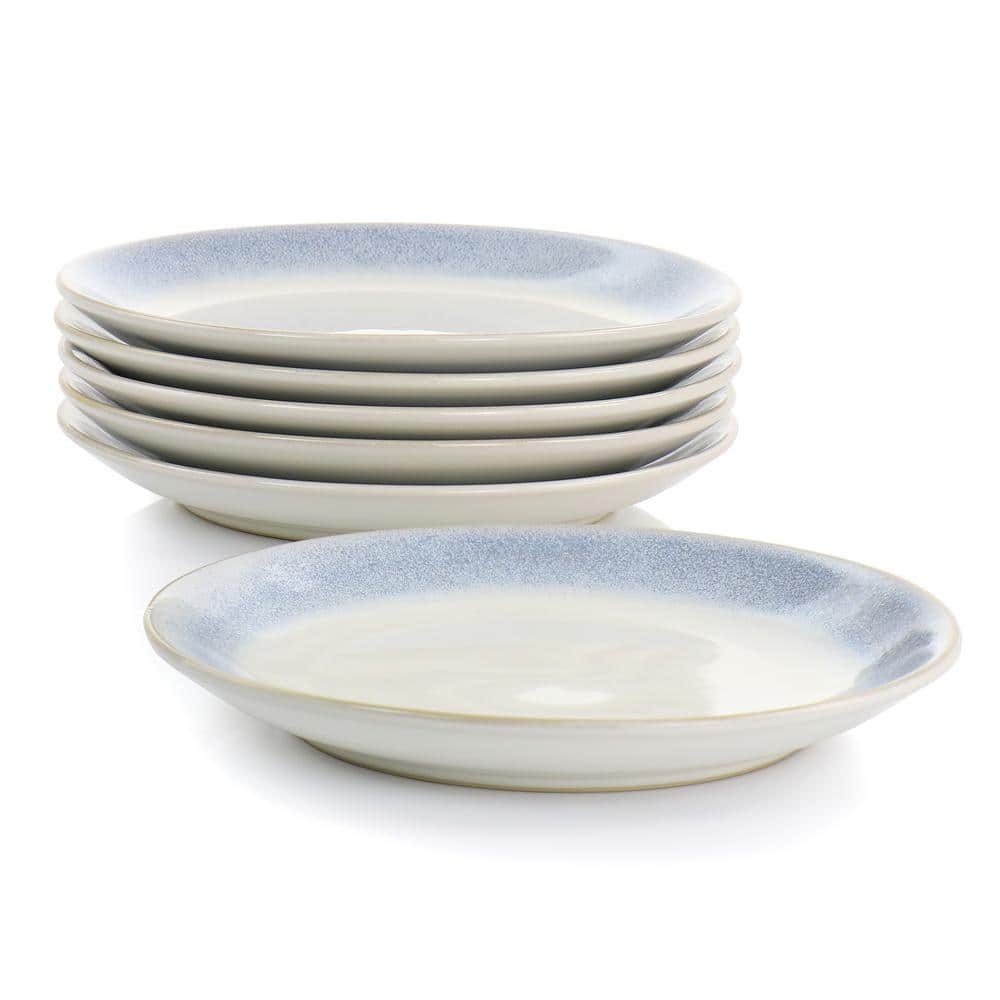 8.25" Off-White and Blue Ceramic Salad Plates, Set of 6