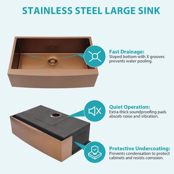 LuckByte 33in. Rose Gold 16-Gauge Stainless Steel Farmhouse Bar Sink with Multifunctional Accessories