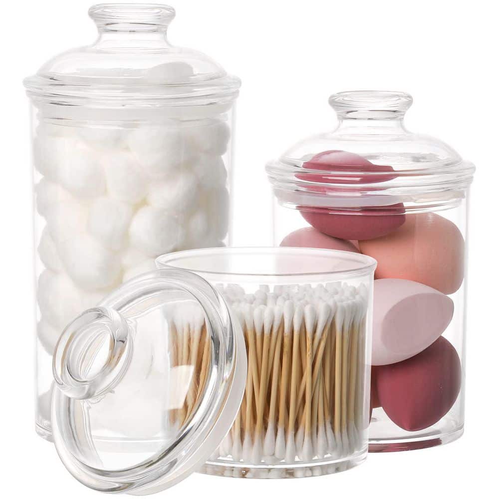 Set of 3 Clear Acrylic Apothecary Jars with Airtight Lids for Vanity Organization 34 oz. 25 oz. and 17 oz.