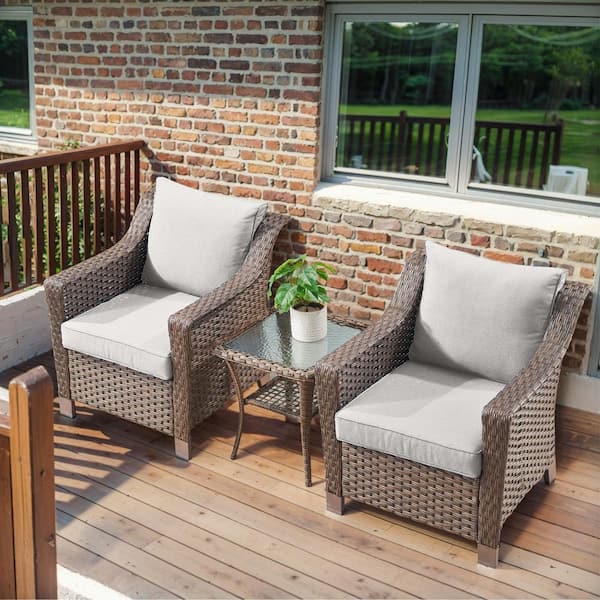 3-Piece Brown Wicker Patio Conversation Set with Beige Olefin Cushions and 4 in. Wide Armrest/Lounge Chairs