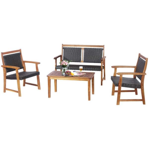 Clihome 4-Piece Wicker Patio Conversation Set Outdoor Rattan Furniture Sofa Set with Acacia Wood Frame