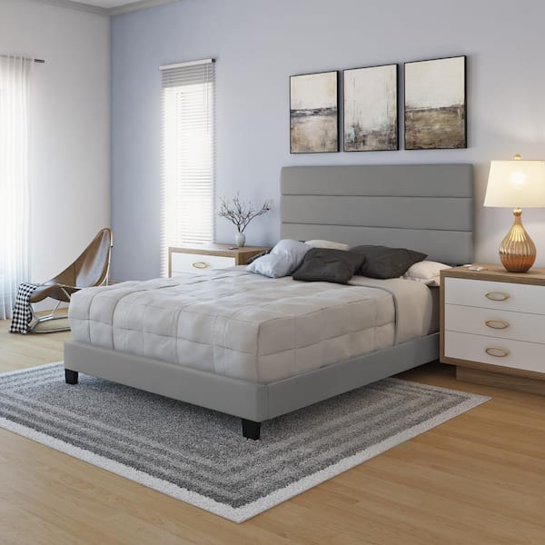KING SIZE BED FRAME Platform Faux Leather Upholstered Headboard Bedroom Gray 