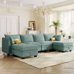 115 in. Flared Arm 6-Piece Linen U-Shaped Sectional Sofa in Light Green with Convertible