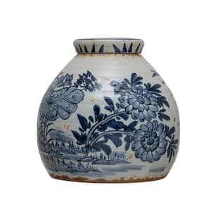 Decorative Stoneware Ginger Jar, Distressed Blue and White