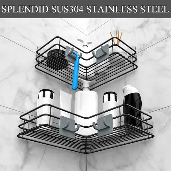 Cubilan Wall Mount Adhesive Stainless Steel Corner Shower Caddy Organizer  Shelf with 8 hooks in Matte Black 2-Pack HD-36P - The Home Depot