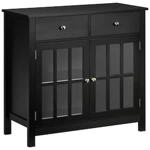 31.50 in. W x 14.00 in. D x 30.00 in. H Black Linen Cabinet Sideboard with Glass Doors, Adjustable Shelf and 2-Drawers