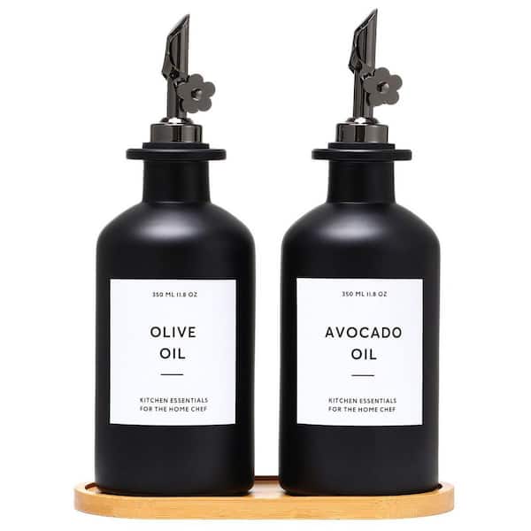 11.8 oz. Black Glass kitchen Dispenser Bottle, Oil and Vinegar Cruet Set of 2, Leakproof Oil Containers for Cooking
