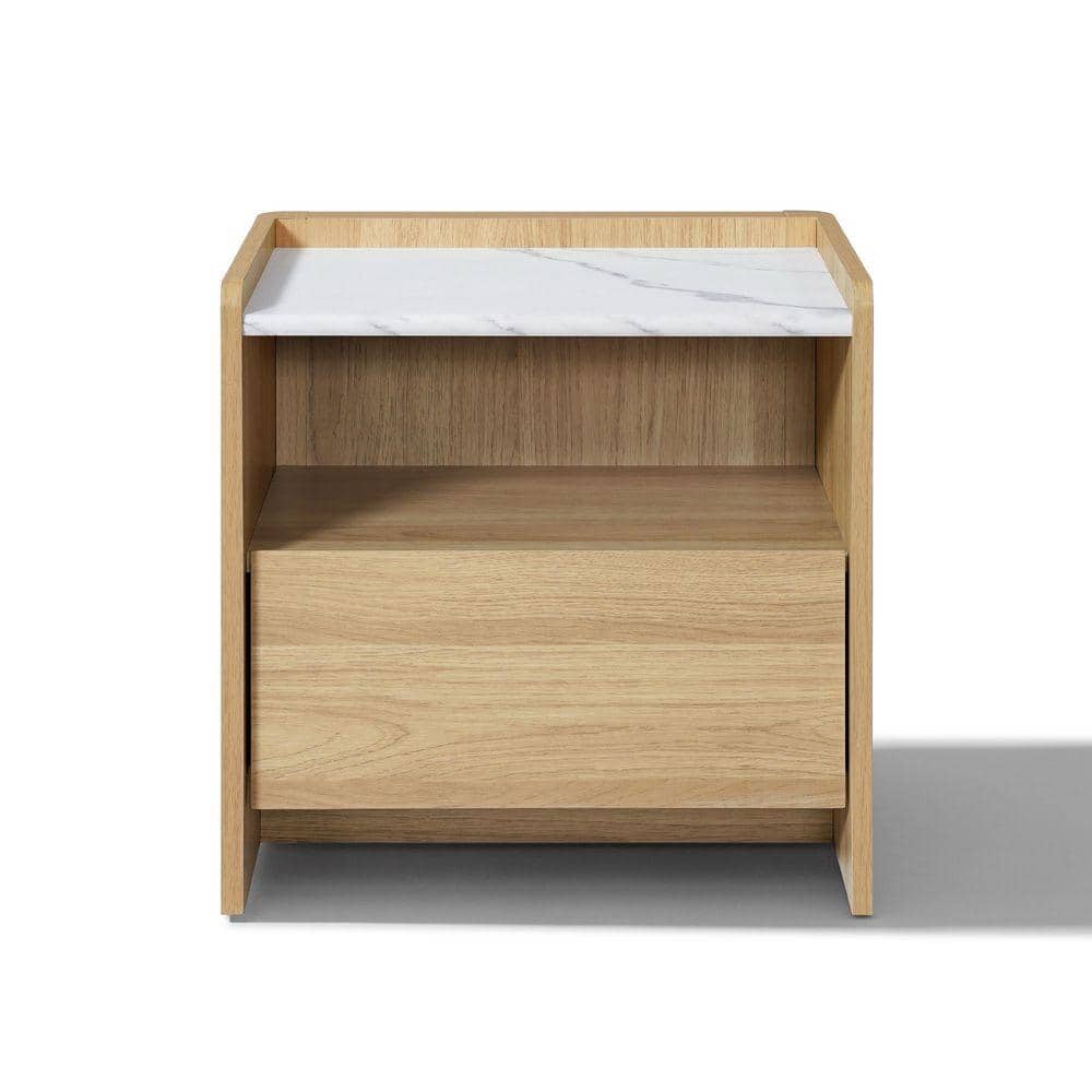 LuxenHome Hazel Oak 1 Drawer Nightstand and End Table with Storage