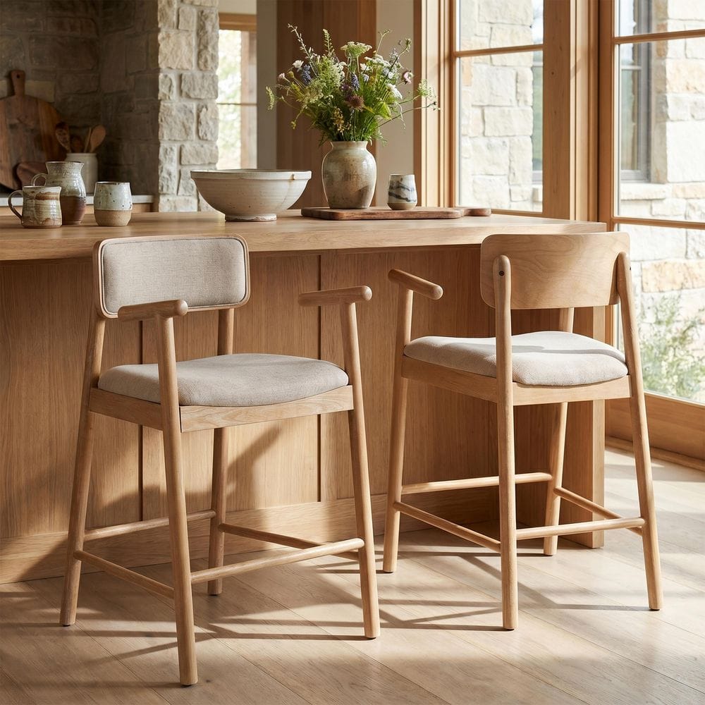 Modern 27 in. H Natural Finish Wood Frame Beige Fabric Upholstered Counter Height Bar Stools with Armrest, Set of 2 price history on PriceWatchPro