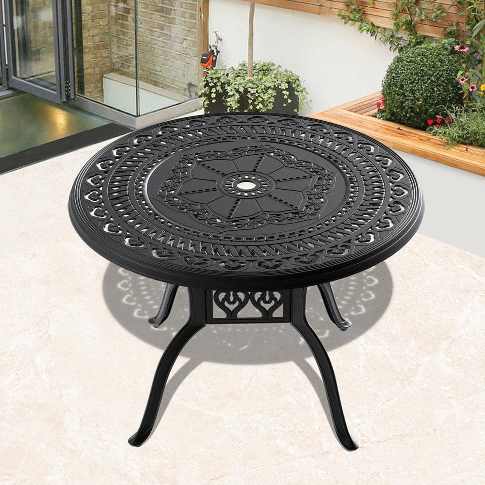 39.37-inch Cast Aluminum Patio Dining Table With Black Frame and Umbrella H