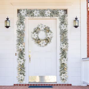 2PK 9 ft. Pre-Lit Artificial Christmas Garland and 24 in. D Snow Flocked Greenery Pine Poinsettia Christmas Wreath Set