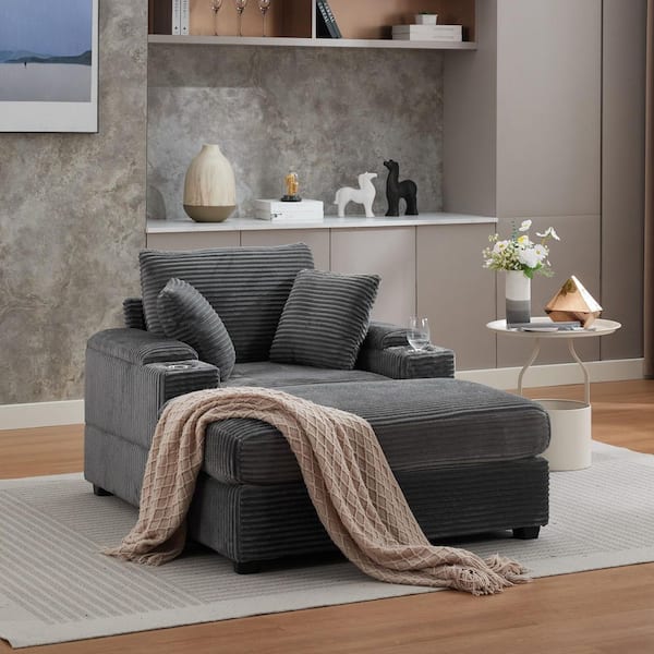 Drelvan Modern Grey Corduroy Upholstered Storage Single Sofa Accent Arm Chair with Ottoman, Pillows and Cup Holders