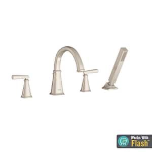 Edgemere 2-Handle Deck-Mount Roman Tub Faucet for Flash Rough-in Valves with Hand Shower in Brushed Nickel