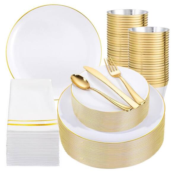 350-Piece White and Gold Plastic Dinnerware Set with Plates, Cups, Silverware, and Napkins for 50 Guests