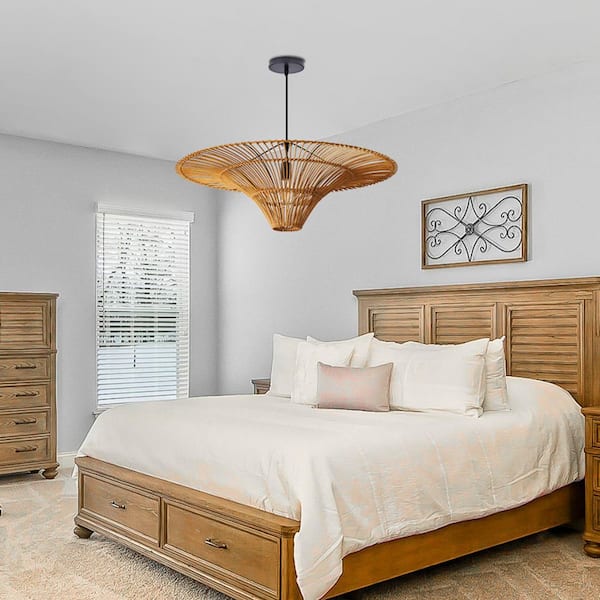 1-Light Natural Hand-Woven Brown Rattan Pendant Light with Cone Shape, No Bulbs Included, 24 in.